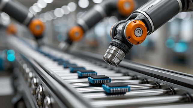 Next-generation manufacturing concept, intelligent robotic arms, automated conveyor system, precision engineering, futuristic smart factory, dramatic perspective and glowing industrial lighting