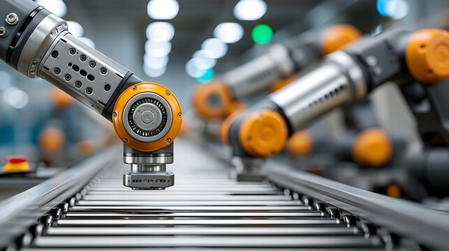 Next-generation manufacturing concept, intelligent robotic arms, automated conveyor system, precision engineering, futuristic smart factory, dramatic perspective and glowing industrial lighting