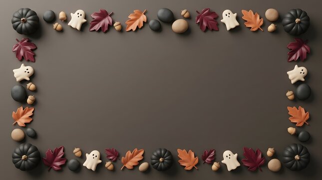 A flat lay top view of a halloween border frame created with small ghost decorations autumn leaves and many dark grey stones