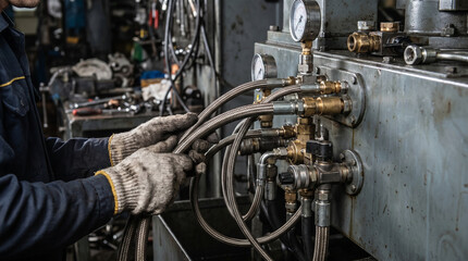 Fototapeta premium Professional mechanic inspecting hydraulic hose connection in workshop, feeling focused and attentive while repairing industrial machine