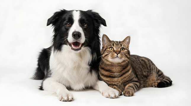 Happy border collie dog and tabby cat together on white background