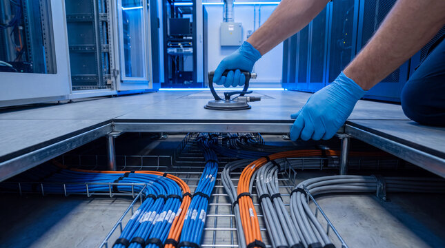 Professional technician lifting floor panel with focus and precision to access computer network cable infrastructure in data center room