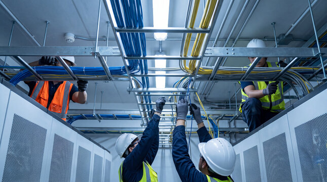 Professional technician worker installing overhead cable tray in modern industrial server room environment with focused expression