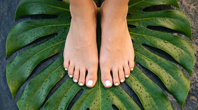 Overhead view of clean female bare feet with white pedicure resting on a large wet green Monstera leaf with raindrops.