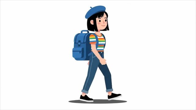 Animated young girl with backpack walking forward.