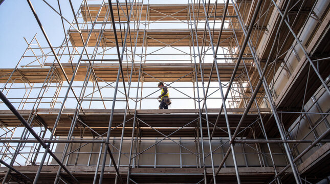 Construction scaffolding worker focused on building progress, person standing on metal platform, feeling productive, professional skill