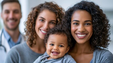 Obraz premium Childhood vaccination awareness, diverse family with infant visiting pediatric clinic, caring doctor, bright clean environment, natural expressions, premium healthcare lifestyle photography