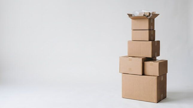 Stack of Cardboard Shipping Boxes on White Background with Copy Space