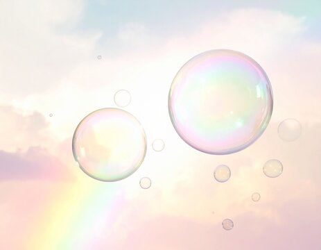 パステルカラーの空と淡い虹に浮かぶシャボン玉