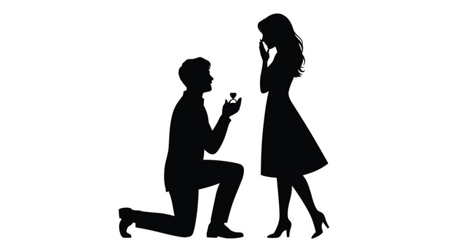 Black silhouette of a man proposing to a woman with a ring isolated on a plain white background