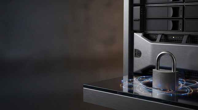 Metallic padlock sits on glass platform near server hardware featuring glowing fiber optic light trails representing secure digital data protection