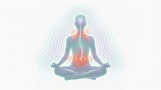 Human silhouette in meditation pose with glowing energy aura and chakra points for spiritual healing