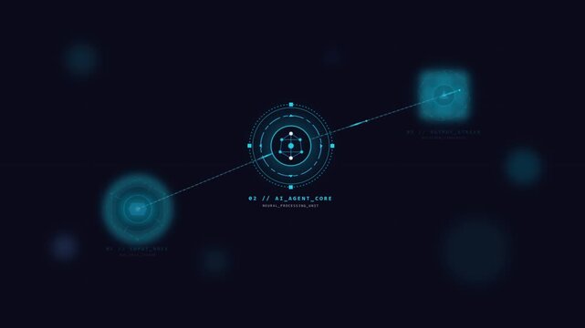 Digital visualization of an AI agent core processing data flow between input nodes and output streams