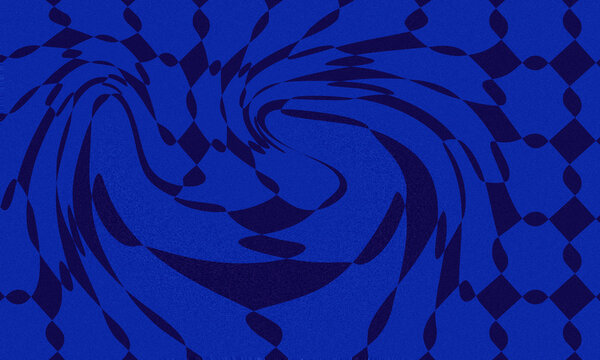 Psychedelic blue checkerboard background, distorted optical illusion pattern, trippy liquid swirl texture for modern graphic design