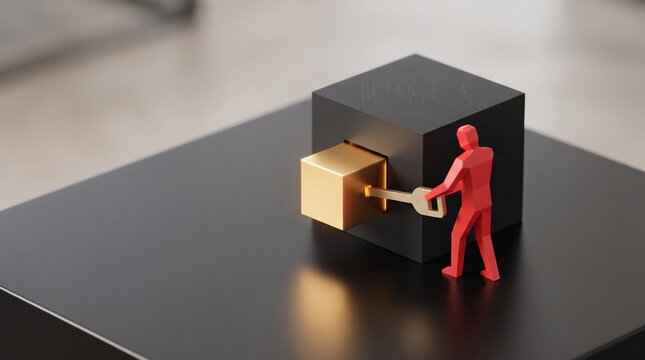 A red figurine using a golden key to open a large black cube