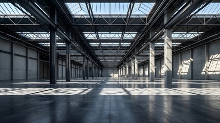 Obraz premium Empty industrial warehouse hall with steel beams and bright skylights