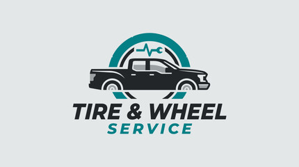 Obraz premium Professional Tire and Wheel Service Logo with Pickup Truck Silhouette and Mechanical Wrench Icon