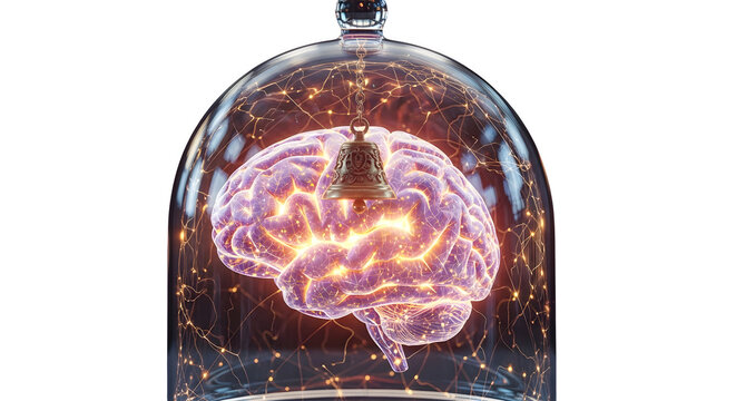 Glowing human brain trapped inside a glass cloche bell jar isolated on a transparent background for medical science and artificial intelligence concepts