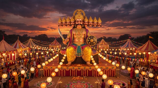 Large Ravana effigy at night during Dussehra festival