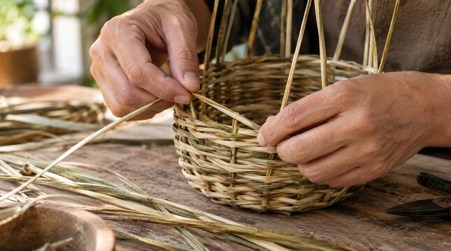 Manos trenzando una cesta peque&ntilde;a con fibras naturales