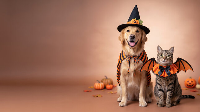 Halloween dog and cat in festive costumes with witch hat, bat wings and pumpkins, cozy autumn studio scene with copy space for pet holiday ads, greeting cards, banners, social media and promotions