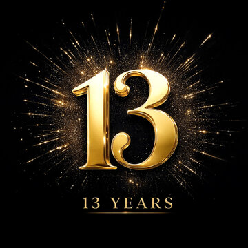 Golden sparkling number thirteen with radiant explosion design celebrating a special anniversary milestone