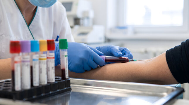 A healthcare professional collects a blood sample from a patient's arm using a vacutainer, with labeled blood tubes on a tray nearby.