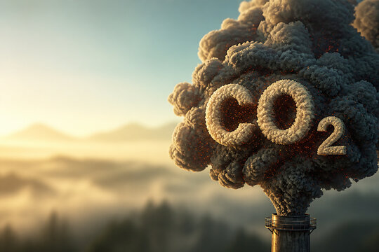 A large, cloud-like representation of $\text{CO}_2$ emissions rises from a smokestack against a hazy, mountainous landscape at sunrise or sunset.