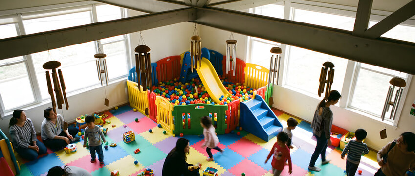 An indoor play space with colorful equipment, children playing, and adults supervising during daytime.