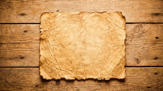 Blank old parchment paper on vintage wooden background, empty rustic page for text.