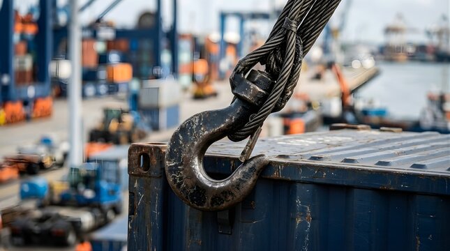 Metal crane hook lifting a cargo container at a busy shipping port