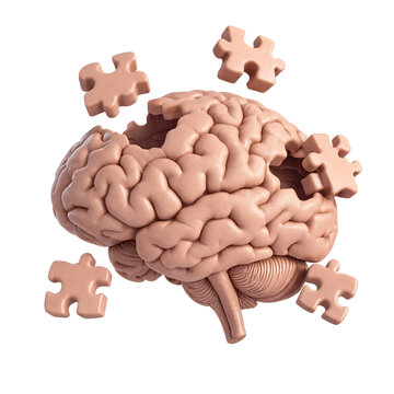 3D rendered human brain model with missing puzzle pieces representing cognitive health and mental logic concepts transparent background