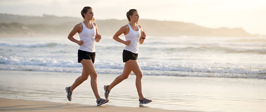 Two young adult women jog side by side on a sandy beach beside the ocean during soft daylight, exercising outdoors.