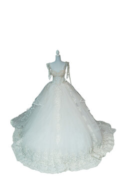 Full Length Wedding Dress with Tulle Skirt and Lace Train on Mannequin Cutout
