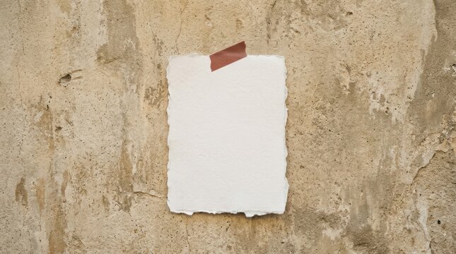 Blank white textured paper sheet attached with brown tape on weathered concrete wall.