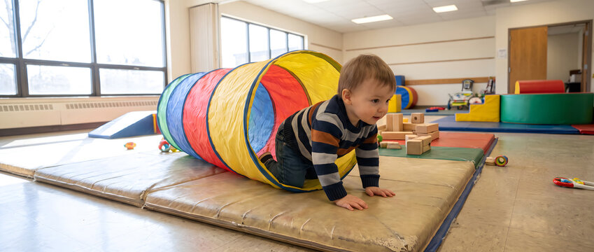 A young toddler crawls out of a colorful play tunnel in a bright indoor playroom with toys and building blocks.
