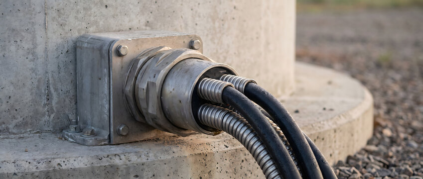 Electrical cables with metal conduits are connected to a metal box mounted on a concrete structure at an outdoor site.