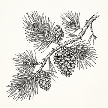 Vector sketch hand drawn pine cones on a branch, line art