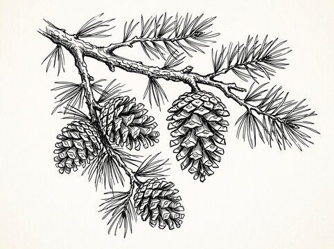 Vector sketch hand drawn pine cones on a branch, line art