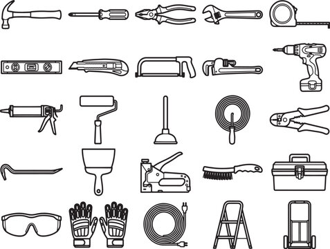 A collection of professional tools and equipment for construction and renovation, depicted in a clean, vector illustration style.
