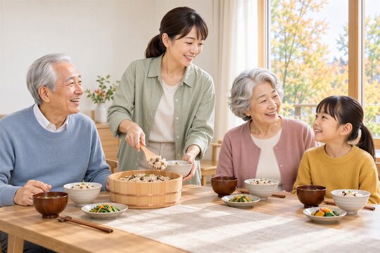 きのこご飯を盛り付けながら食卓を囲む日本人三世代家族