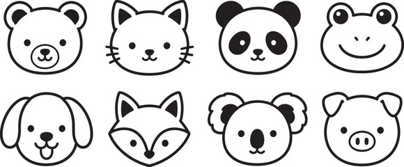 Obraz premium Cute animal head icon collection featuring bear, cat, panda, frog, dog, fox, koala and pig in bold black outline vector style. Concept of wildlife, pets, childhood and playful design