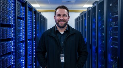 Fototapeta premium IT engineer or network administrator smiling in a modern glowing data center server room