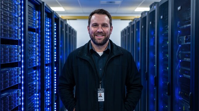 IT engineer or network administrator smiling in a modern glowing data center server room