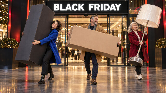 Shoppers Carrying Oversized Purchases During Black Friday Sale