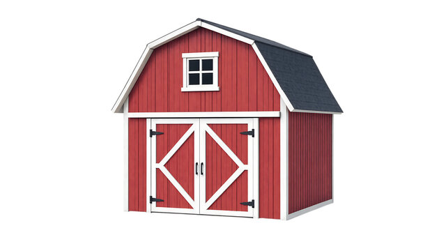 Isolated red wooden storage shed with double doors and small window transparent background