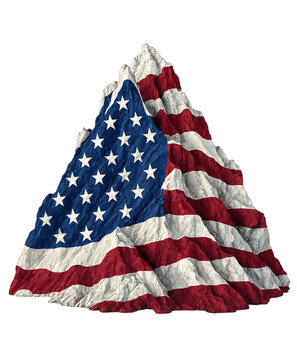 Isolated mountain peak covered with the textured pattern of the american national flag design transparent background