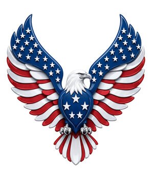 Majestic bald eagle emblem featuring patriotic red white and blue flag patterns with stars and stripes isolated on white background transparent background