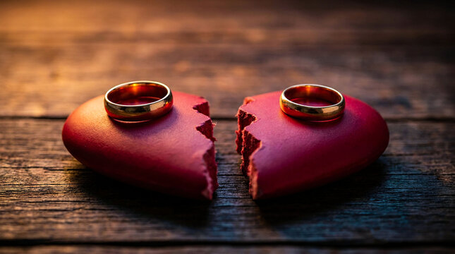 Two golden wedding rings placed on broken red heart pieces over weathered dark wooden background to represent divorce concept separation and marital breakup.
