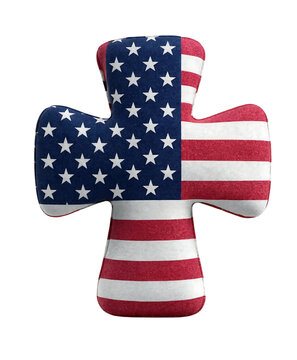 Plush pillow shaped like a cross featuring the american flag pattern on an isolated white background transparent background